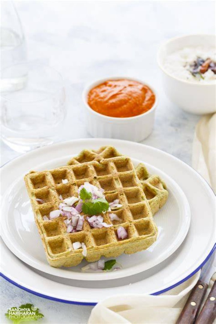 Green Gram Lentil Waffles with Coconut Chutney and Red Bell Pepper